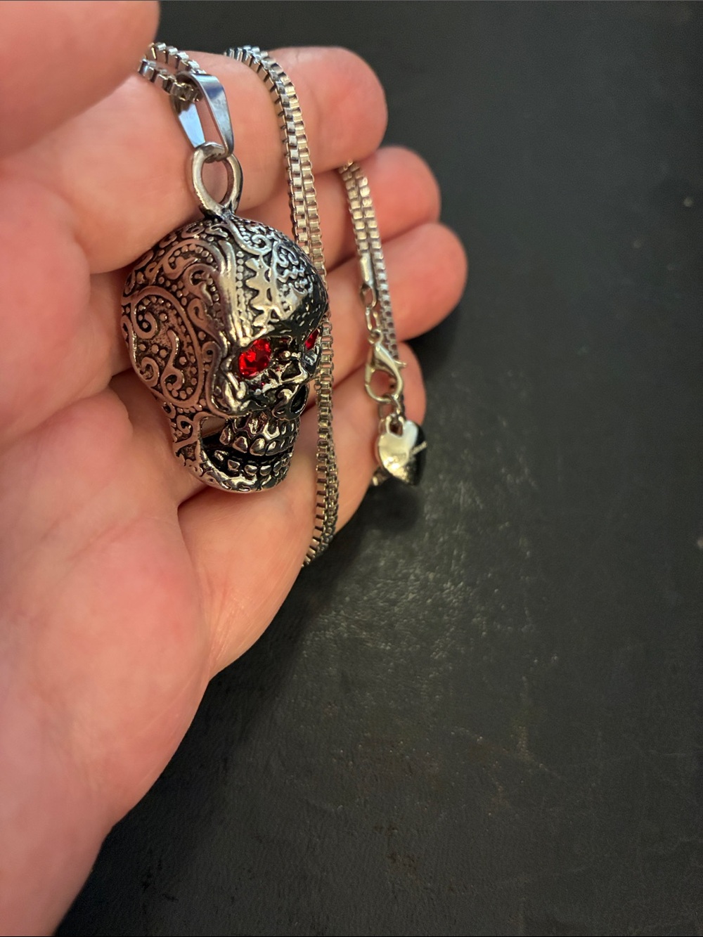 Silver Skull Pendant Necklace with Red Crystal Eyes - - Picture 4 of 7